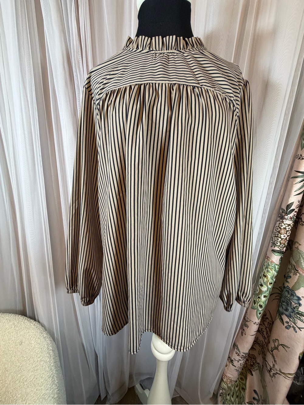 Gathered Yoke Long Sleeve Striped Blouse - Cream & Black